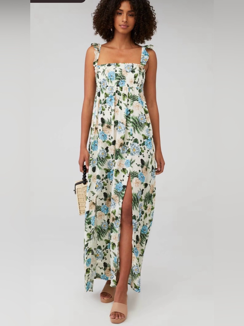 Agua Bendita Leandra Blue Green Floral Smocked Maxi Dress with Front Slit R8